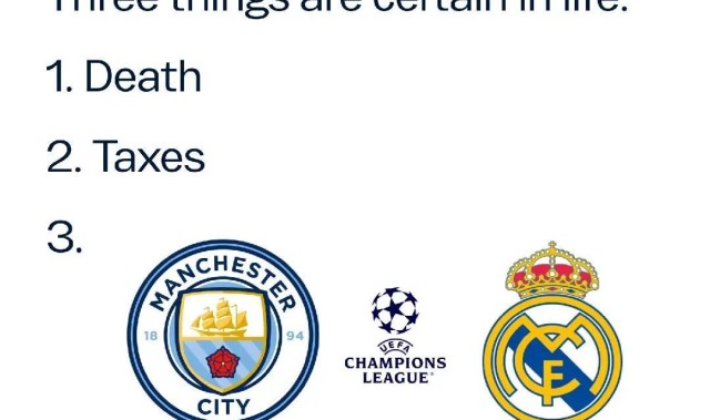 在线娱乐-曼城官方玩梗：人生三大既定之事，死亡、税收、欧冠踢皇马